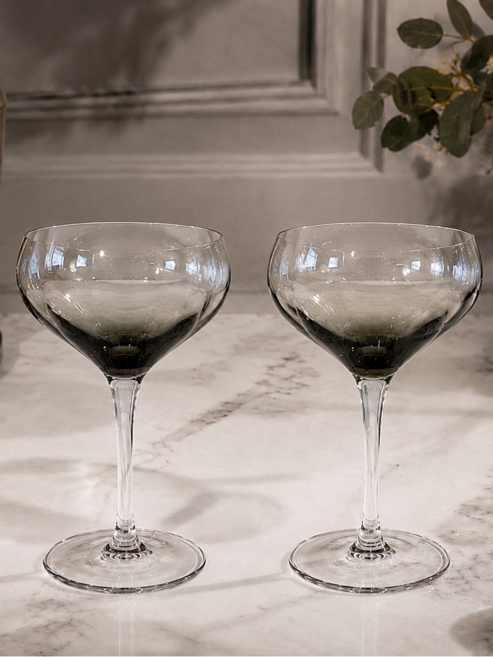 Pair (2) Sur la Table Smoke and Clear Wine Glasses | Signed | EUC